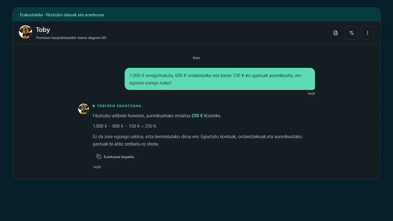 Toby-ren interfazea fikziozko adibide batekin: 1.000 euro ken 600 eta 150, 250 euroko proiekzioa.